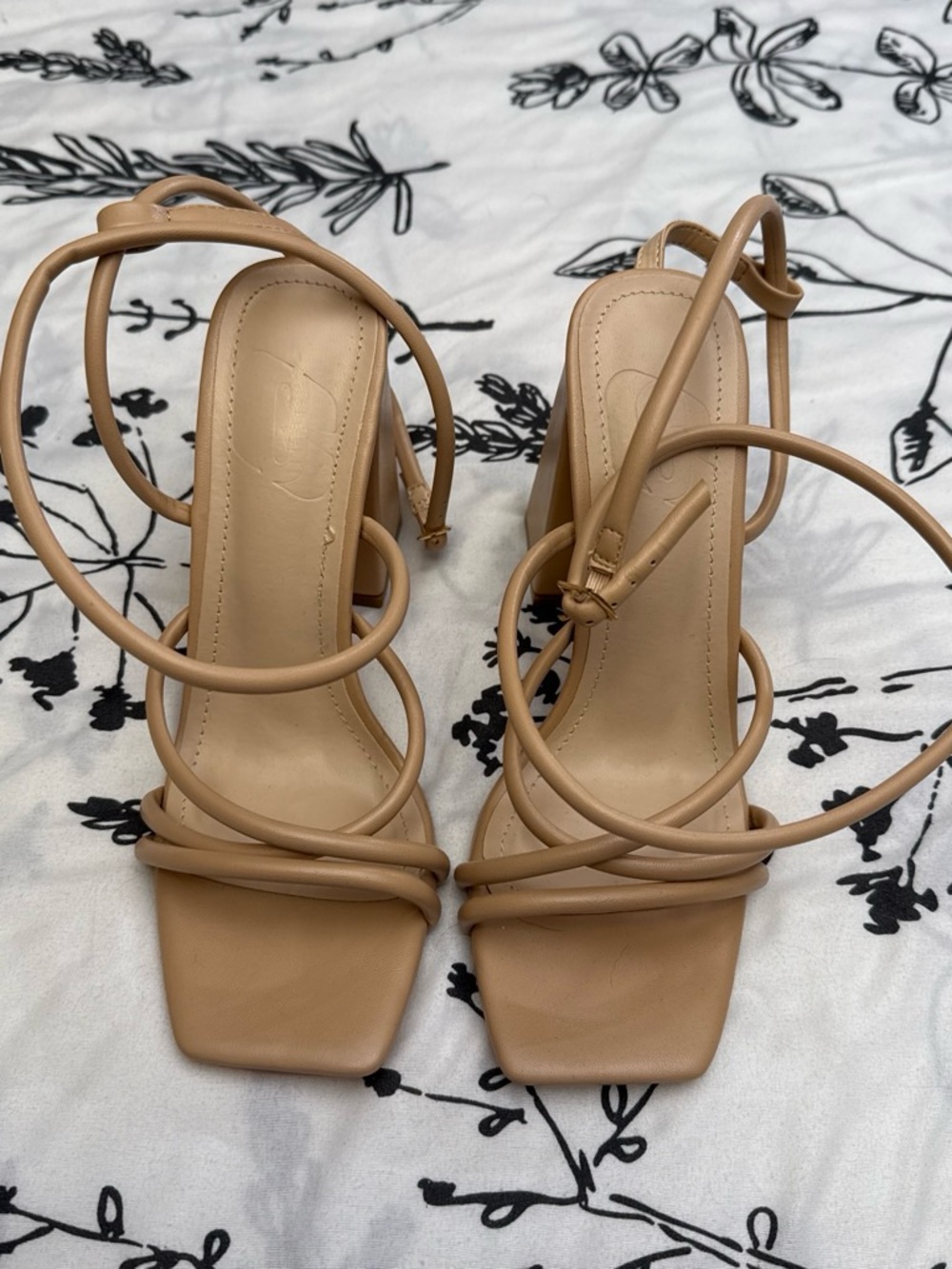 SHEIN Strappy Square-Toe Wrap Heels in Nude Tan